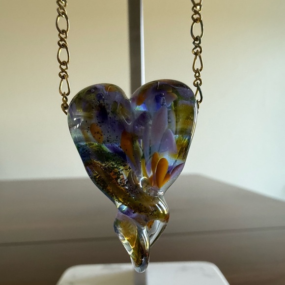 Vibrant Multicolor Heart Glass Pendant Necklace Handmade - Picture 4 of 9